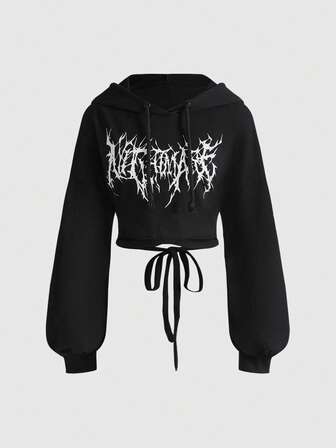 Grunge Punk Y2K Sexy Babe Lightning English Print Backless Cropped Hoodie Sweatshirt For Women