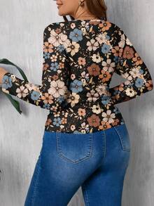 EMERY ROSE Vintage Floral Print Casual Minimalist Plus Size Square Neck T-Shirt, Suitable For ,Flower/Spring/Summer/Vacation Fall - Multicolor - View 2