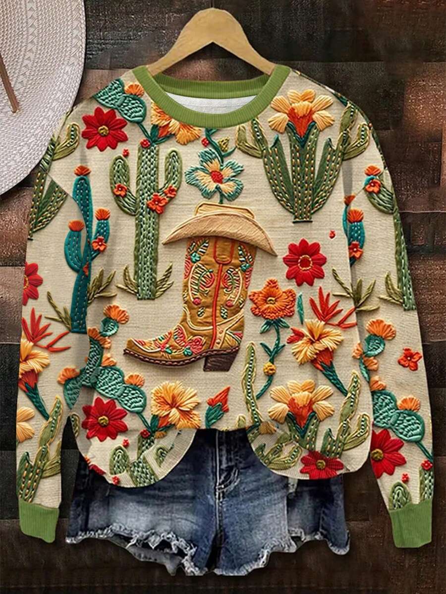 EMERY ROSE Giày bốt cao bồi cổ điển lấy cảm hứng từ miền Tây với họa tiết xương rồng hoa 3D. Áo nỉ cổ tròn dành cho nữ, hoàn hảo cho việc đi làm hàng ngày, hẹn hò hoặc đi mua sắm. Áo nỉ ấm áp và thoải mái cho mùa thu và mùa đông. - Nhiều màu - Xem 1