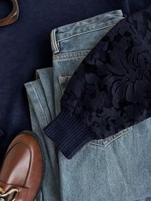 Elaquor 大码休闲优雅百搭网眼拼布套头衫，秋冬 - 藏蓝色 - 查看 4