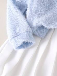 Young Girls Knitted Faux Fur Cardigan Long Sleeve Blue Soft Bow Pearl Button Front Jacket, White Pleated Skirt 2-Piece Set, Elegant Children Comfortable Outfit For Spring/Autumn - Blue - View 5