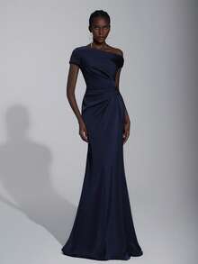 Elitara Elegant Luxurious Satin Ruched Off-Shoulder Mermaid Dress, Suitable For Weddings, Parties, Vacations, Galas, Bridesmaid Dresses - Navy Blue - View 4