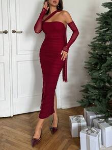 Aloruh Váy dự tiệc bó sát hở vai màu đỏ tía gợi cảm dành cho nữ dịp Giáng sinh - Màu Đỏ Sâu - Xem 3