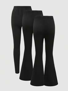 SHEIN Quần legging ống loe cạp chun họa tiết chữ Tween dành cho bé gái - màu đen - Xem 2