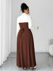 SHEIN Elenzya 女式纯色撞色拼布纽扣装饰长袖翻领连衣裙，春秋装 - 彩色 - 查看 2