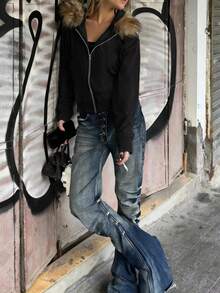 Rina Fox Women's Fashion Casual Retro Minimalist Romantic Elegant Vacation Long Sleeve Hooded Pocket Sweatshirt - Black - View 5