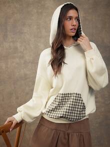 WESTFADE Cotton Blend Fleece & Embroidered Plaid Mixed Media Relaxed Fit Hoodie Cute Fall Knit Top, Autumn, Winter, Casual, Holiday, Thanksgiving, Christmas, Boho, Country Western - Multicolor - View 4