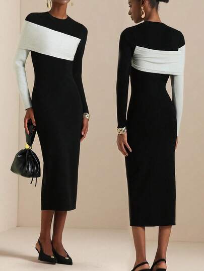 Vesra 女式拼色圆领修身长袖毛衣裙