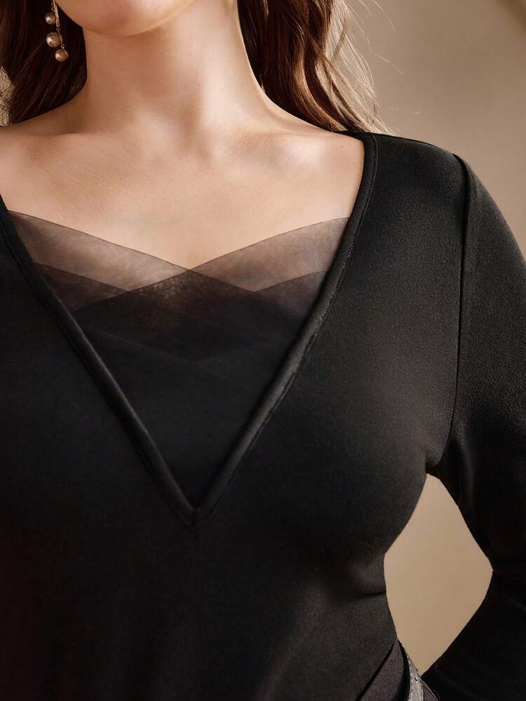 Plus Size Women Deep V-Neck Long Sleeve Mesh Sheer Casual T-Shirt, Suitable For Fall, Winter, Spring, New Year, Party, Wedding, Elegant, Chic, Stylish, Business Casual, Cozy, Thanksgiving, Going Out