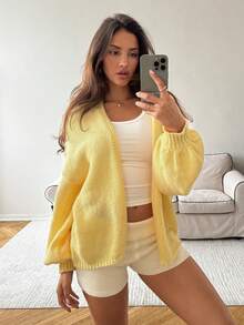 Aloruh Áo len cardigan dáng rộng màu vàng kem dự tiệc Homecoming cơ bản, thích hợp mặc hàng ngày, tiệc trà, du lịch, thu/đông - Vàng nhạt - Xem 3