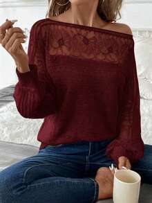 SHEIN Clasi Women's Lace Trim Patchwork Pullover Sweater/Winter - Burgundy - View 4
