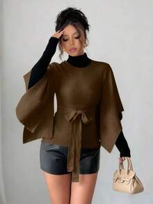 Elenzga Women's Elegant Solid Color Round Neck Belted Sweater - Chocolate Brown - View 3