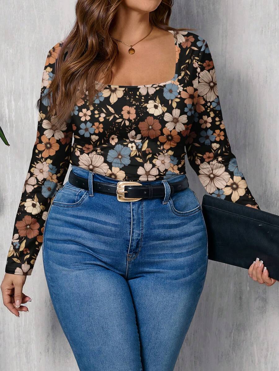 EMERY ROSE Vintage Floral Print Casual Minimalist Plus Size Square Neck T-Shirt, Suitable For ,Flower/Spring/Summer/Vacation Fall - Multicolor - View 1
