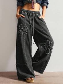 Bohemela Quần jean ống rộng màu trơn thường ngày dành cho nữ - màu đen - Xem 3