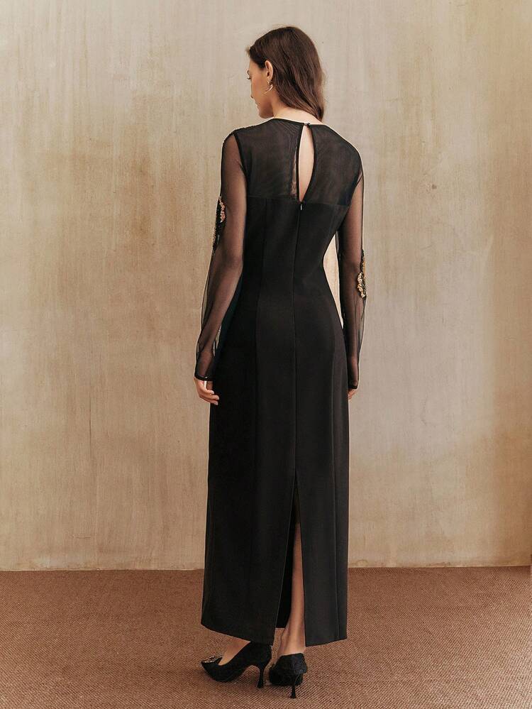 Elegant Floral Embroidered Pearl Beaded Long Dress, Suitable For Fall, Winter, New Year, Party, Wedding, Black, Stylish, Evening Gown