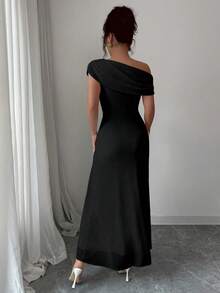 Modelyn 女式网眼不对称肩部褶饰拼布下摆法式优雅性感礼服 - 黑色 - 查看 2