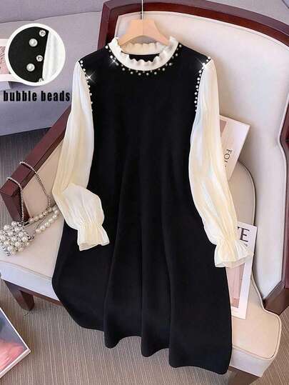 Franclia 女款黑白优雅泡泡珠遮肚中长款办公室连衣裙冬季商务休闲女装