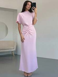 Aloruh 女式新款简约时尚轻盈鸡尾酒会百搭蝙蝠袖修身超长褶饰美人鱼长裙 - 粉色 - 查看 5