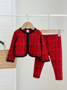 TaviRue 2 件套女婴针织格子开衫和配套针织打底裤套装，毕业装 - 紅色 - 查看 3