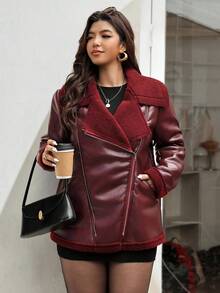 Vionelle Plus Size Jacket PU Burgundy Pocket Zipper Faux Fur Lining Outerwear, New Autumn/Winter - Burgundy - View 5