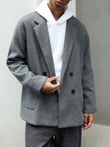 Manfinity Roghcode Men's Fashionable Solid Color Double-Breasted Long Sleeve Overcoat, Autumn Grey Overcoat - Grey - View 2
