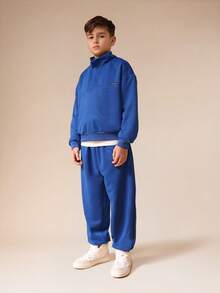 SUMWON 男童皇家蓝连帽衫运动裤套装套头衫运动服休闲套装 - 藍色 - 查看 5