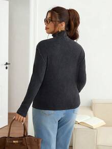 Lounesse Plus Size Women High Neck Casual Long Sleeve T-Shirt, Washed Plus Size Tee For Daily Wear And Commuting Office Work - Black - View 2