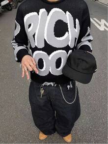 Manfinity EMRG 男士休闲字母图案针织衫，秋冬季圆领印花毛衣，返校季，复古风，长袖上衣 - 黑色 - 查看 1