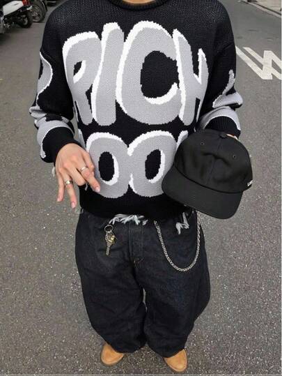 Manfinity EMRG 男士休闲字母图案针织衫，秋冬季圆领印花毛衣，返校季，复古风，长袖上衣