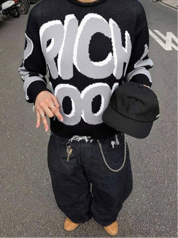 Manfinity EMRG Men's Casual Letter Pattern Knit Sweater, Autumn/Winter Graphic Crewneck Graphic Sweater Sweater Back To School Men Graphic Sweatshirt Crewneck Sweater Sweaters Graphic Men Crewneck Sweatshirts, Grunge Style