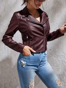 SHEIN Tall Zip Up PU Moto Jacket In Fall/Winter - Burgundy - View 6