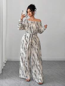 Elenzga Mono de pierna ancha con cuello asimétrico, mangas de murciélago y lazo delantero, estampado total, para mujer de talla grande, adecuado para citas, trabajo, vacaciones, días festivos, uso casual, estilo bohemio/vacaciones/festival/festival de música/vestido de carreras, club, casual de negocios, fiesta, elegante