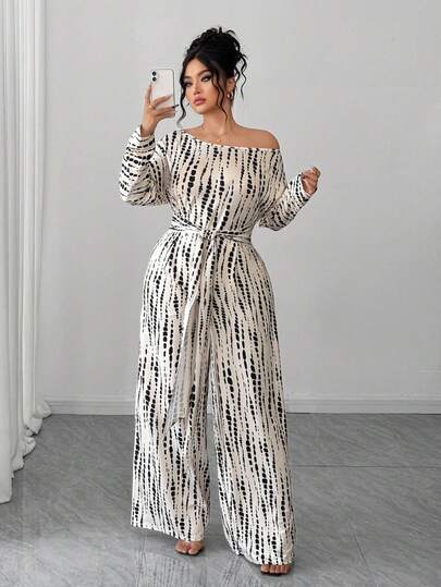 Elenzga 大码女式全身印花不对称领口蝙蝠袖系带阔腿连体裤，适合约会、工作、度假、节日、休闲装、波西米亚风格/节日/节日/音乐节/德比礼服、俱乐部、商务休闲、派对、优雅