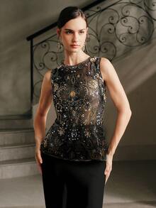 Anewsta 女士时尚高端舞厅休闲串珠无袖上衣，适合秋季、冬季、夏季、新年、派对、婚礼等场合，优雅、别致、时尚、闪亮。 - 黑色 - 查看 4