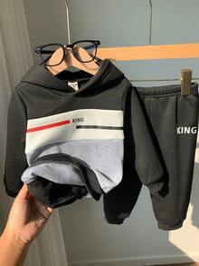 2件套男婴连帽卫衣和慢跑裤，拼接设计，性价比高，适合通勤、上学、休闲、运动、秋冬 - 彩色 - 查看 8