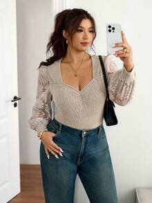 Lounesse 大码休闲优雅蕾丝拼接袖甜心领罗纹磨毛连体衣