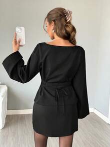 SHEIN LUNE 2 pièces/Set Femme Style Décontracté Ample Élégant Style Navette Manches Cloche Nœud Dos Blouse et Jupe Trapèze, Automne/Hiver