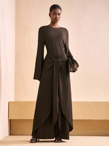 Zivah 20  Autumn/Winter New Arrival, Suitable For New Year, Valentine's Day, Party, Banquet, Date, Birthday, College Style, Student Wear, Daily Casual, Basic Versatile, Leisure, Cruise Travel, Fashionable, Elegant, Commute, Business Casual, Minimalist, Round Neck Long Sleeve, Front Middle Tie-Up Strap, Loose Straight Hem Irregular, Brown Vertical Striped Textured Fabric, Elegant Long Dress, Party Dress, Women Dress Chocolate Brown Dress Long Sleeve Long Dress - Brown - View 7