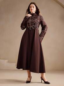 Anewsta Women's Plus Size Elegant Romantic Lace Patchwork A-Line Midi Dress, Round Neck, Long Sleeve, Slim Fit