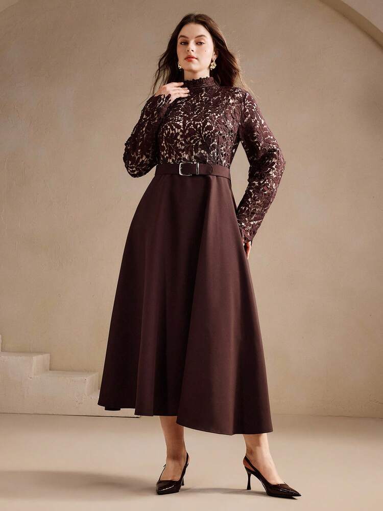 Anewsta Women's Plus Size Elegant Romantic Lace Patchwork A-Line Midi Dress, Round Neck, Long Sleeve, Slim Fit