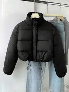 SHEIN 青少年女孩冬季外套拉链抽绳短款夹棉外套，女士深秋休闲抽绳，拉链常规袖漏斗领常规版型卡其色纯色女孩冬季外套，冬季保暖/冬季时尚