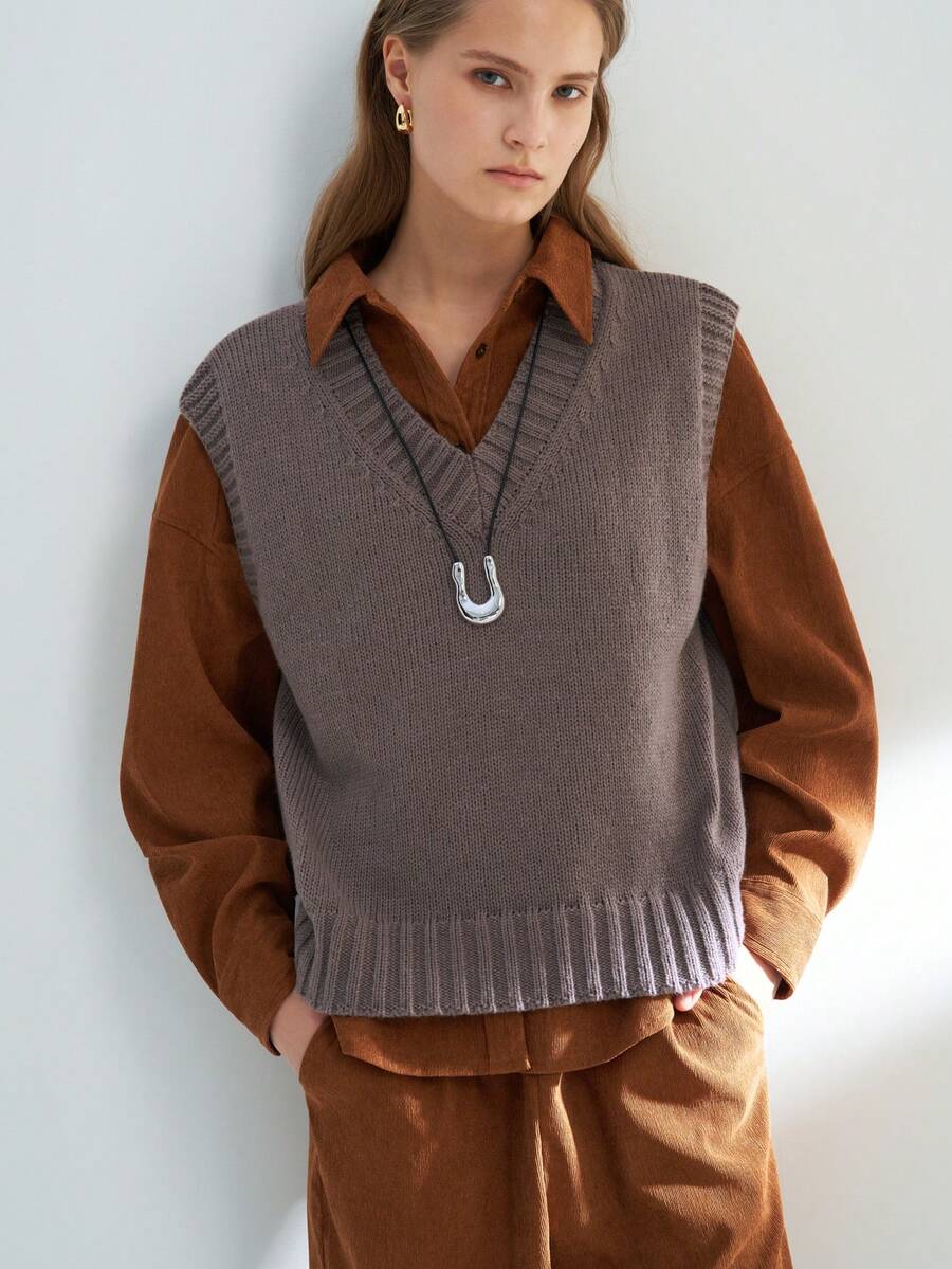 INAWLY Gilet tricoté ample décontracté style rétro col V pour femmes - Tabac - Voir 1