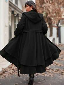 SHEIN Clasi معطف صوفي طويل للنساء ذوات الحجم الكبير بلون أحادي، متعدد الاستخدامات، مزود بقلنسوة وحاشية مزدوجة - الأسود - مشاهدة 2