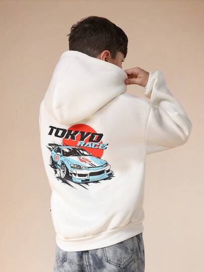 SUMWON Sudadera con capucha con gráfico de carreras de Tokio de talla grande con bolsillo central para uso casual en la calle