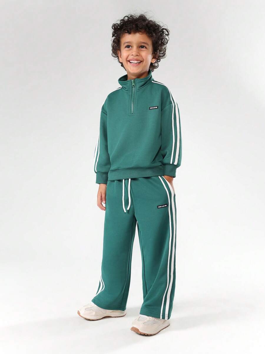 SUMWON Boys Hoodie Sweatshirt Co-Ord Set Without Drawstring Hood And Side Stripe Details Casual Comfort Wear Vacation - Dark Green - View 1