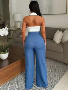 Vavine 优雅商务休闲女装，采用粗花呢装饰翻领修身性感金属纽扣背心和纹理松紧腰长休闲裤两件套 - 彩色 - 查看 2