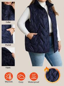 SHEIN CURVE+ معطف كاجوال بدون أكمام مبطن مع جيوب وسحاب أمامي، لون أحادي مناسب للارتداء اليومي في الشتاء للمقاسات الكبيرة