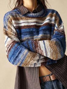 Bohemela Women's Casual Loose Striped Round Neck Drop Shoulder Long Sleeve Sweater, Autumn/Winter - Multicolor - View 5