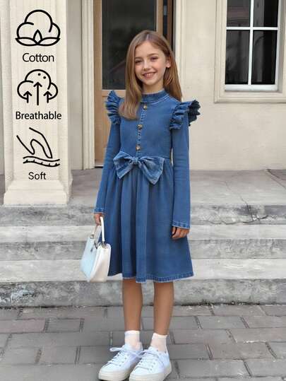 SHEIN 青少年女孩休闲可爱蝴蝶结复古优雅立领提花纽扣高腰喇叭长袖连衣裙，女孩冬季牛仔裤，适合日常、学校、旅行、户外活动，女孩秋冬返校返校服装，圣诞连衣裙