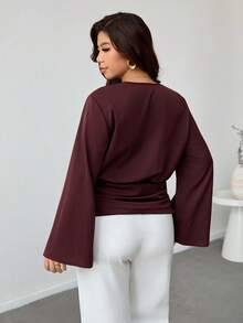 Firerie Áo sơ mi tay chuông màu trơn thanh lịch cỡ lớn dành cho người đi làm - Màu Đỏ Sâu - Xem 2